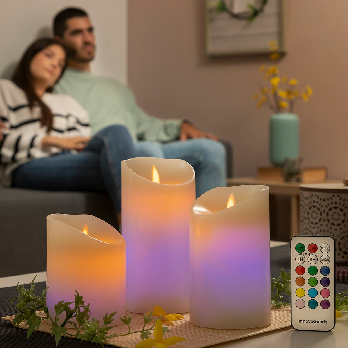 Velas LED Multicor Efeito Chama com Comando 3 Unidades